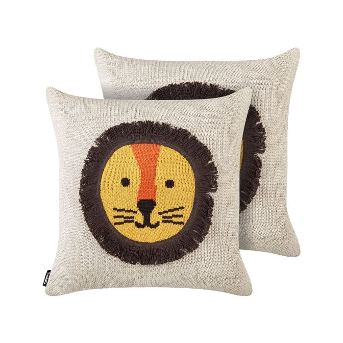 Set of 2 Cotton Kids Cushions Lion Motif 45x45cm Beige