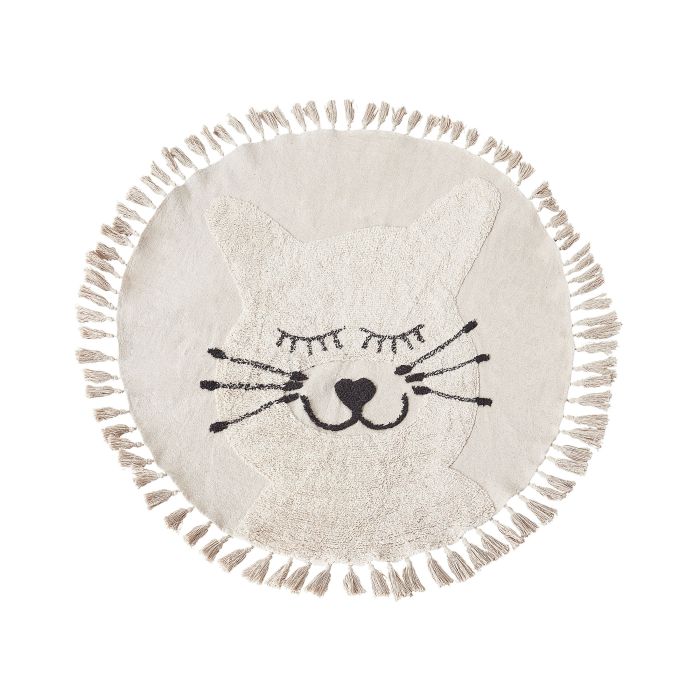 Round Cotton Area Rug Cat Motif 120cm Beige
