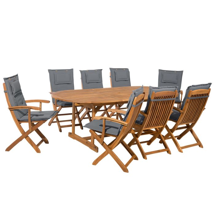 8 Seater Acacia Wood Garden Dining Set Grey Cushions MAUI