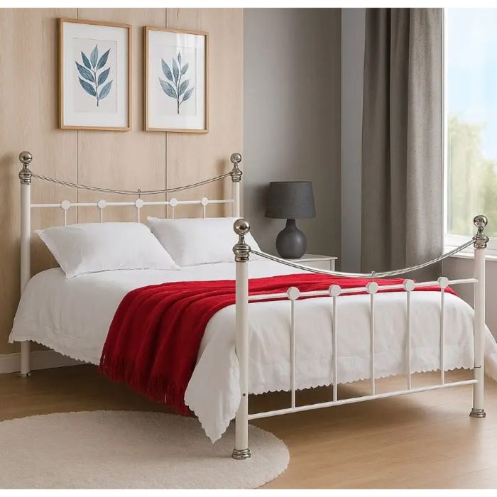 Cambridge Elegant Chrome Metal Bed Frame - 5ft Kingsize - White