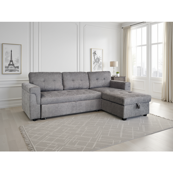 DALERON Fabric 3 Seater L Shaped Corner Sofabed - Grey, Reversible Facing