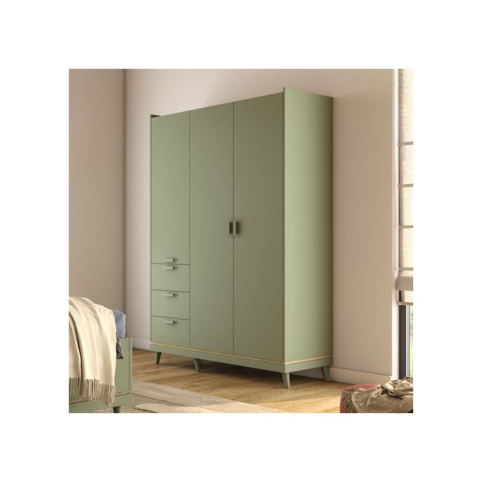 RAVEN 3 Door Wardrobe with 3 Drawers Green - 144cm