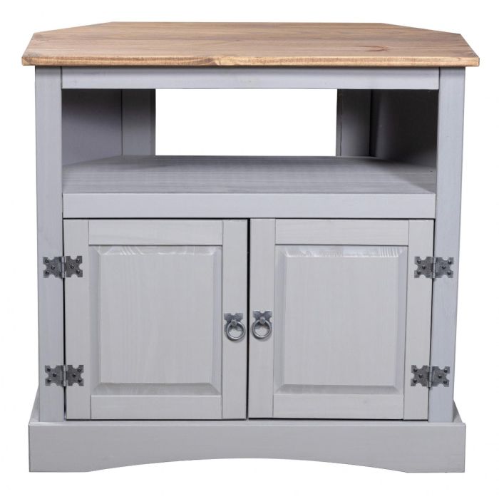 Waltham Solid Wooden 2-Doors and Wide Shilf Corner TV Cabinet with Light Pine Top - Grey Finish