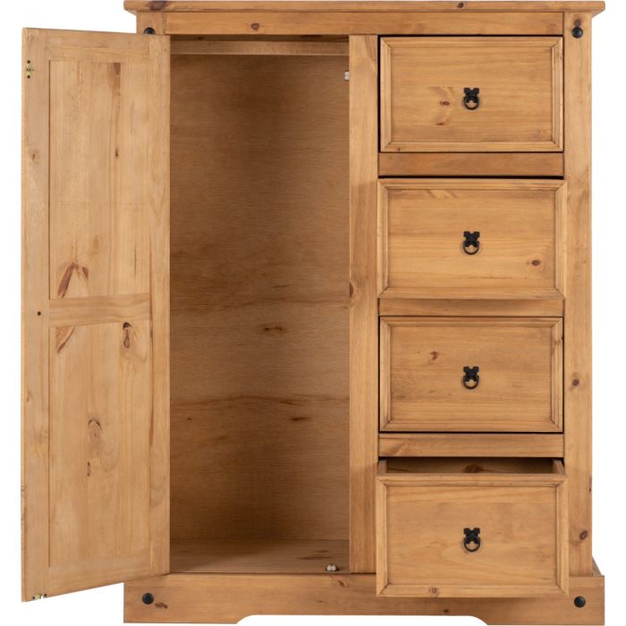 Wardrobe - CLACTON 1 Door 4 Drawers Wardrobe Distressed Waxed Pine 110cm