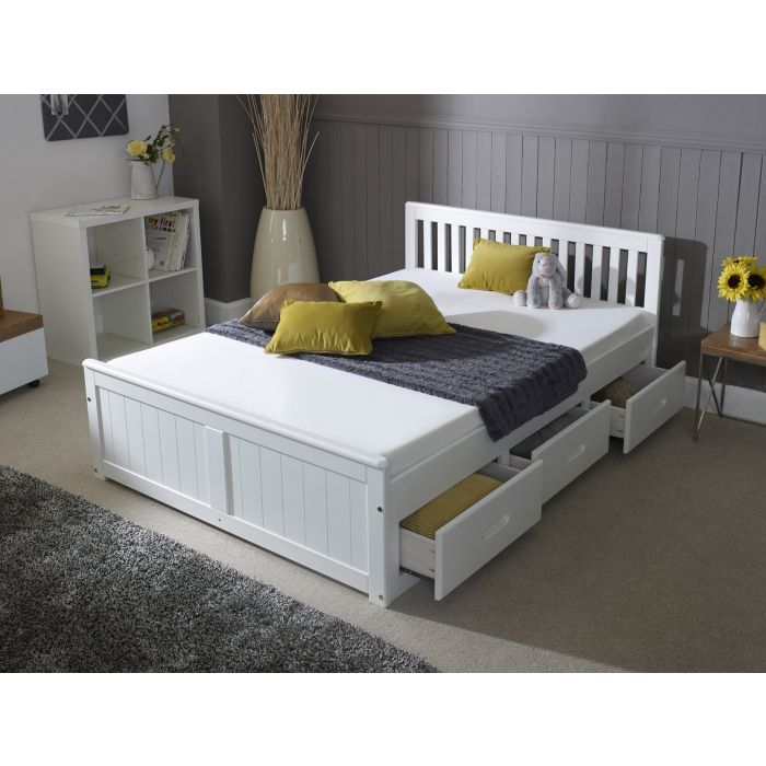 Small Double Bed - LISSON 4ft Wooden Bed with Storage Drawers White