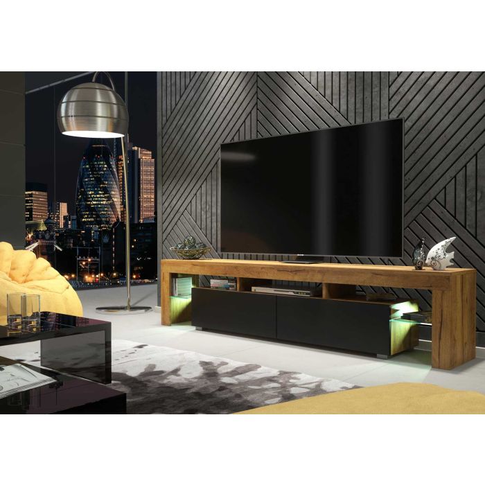 Modern TV Unit Cabinet Sideboard with Free LED Lighting and Ample Storage 200cm - Oak and Black