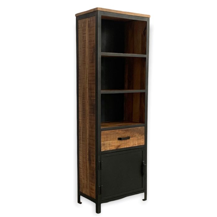 Sefton Industrial Tall Narrow Bookcase with 1 Door 1 Drawer - Brown