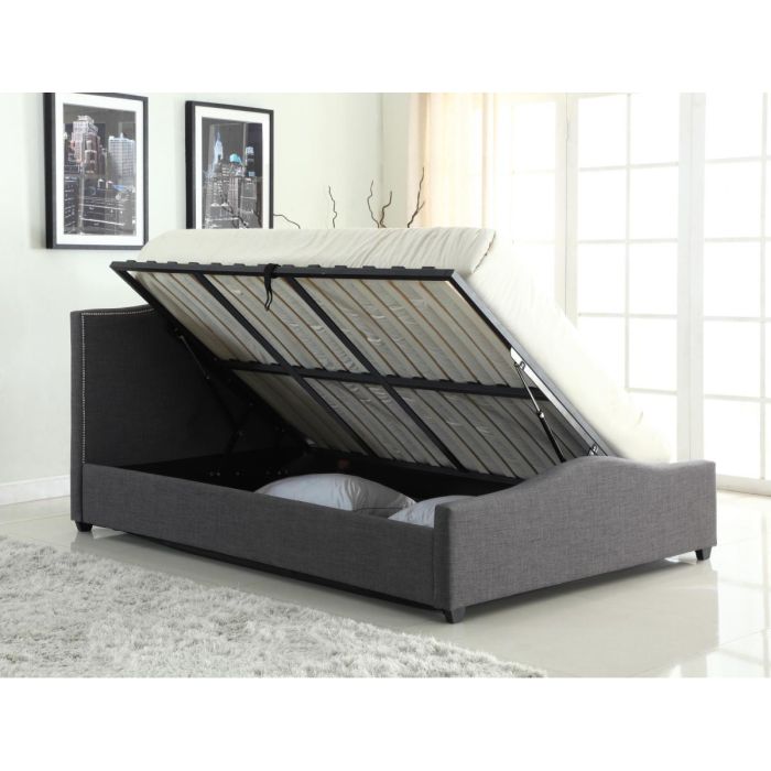 Alloway Grey Linen Ottoman Bed High-Look Slide Gass Lifted Storage - Kingsize
