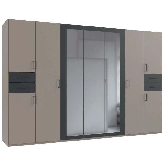 FENTON 7 Door Mirrored Wardrobe with 4 Drawers Grey - 313cm