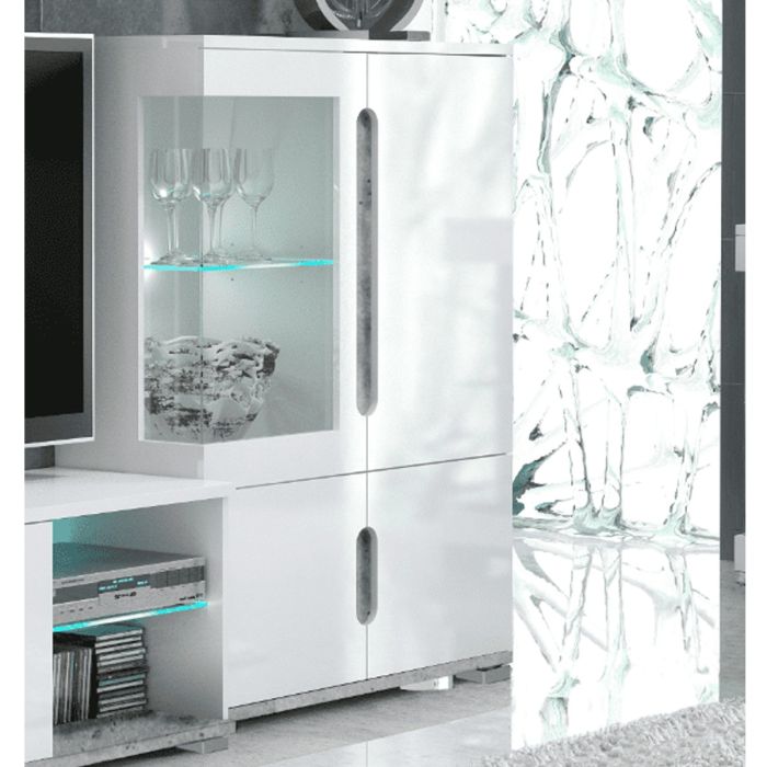 Edney High Gloss 4 Door Low Display Cabinet with 1 Glass Door - Grey Concrete with White