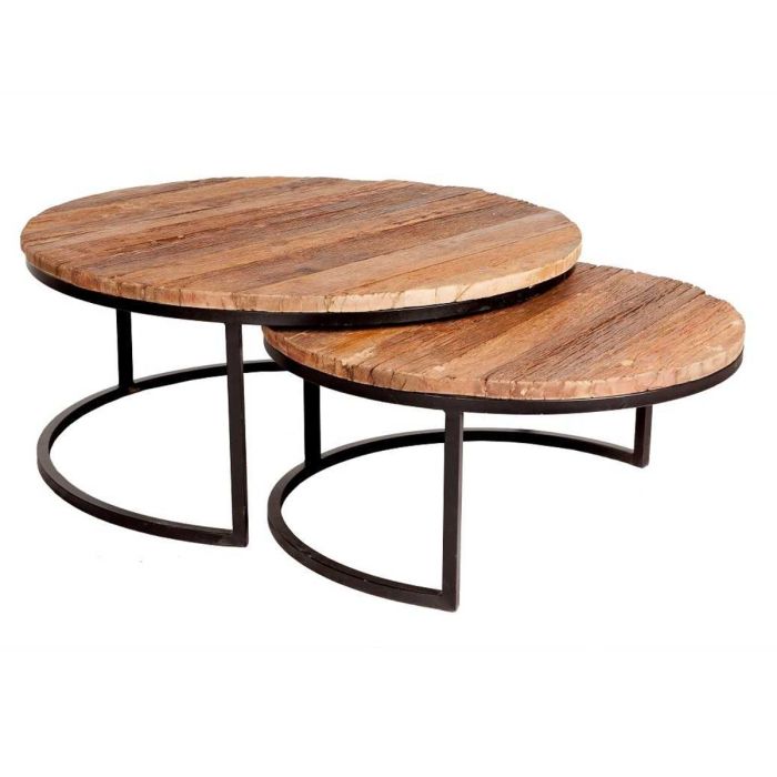 Classic Design Metal Frame Base Set of 2 Coffee Tables Sleeper Wood - Brown