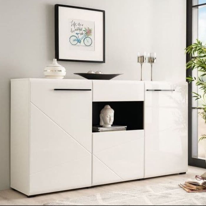 Kaspars 2 Doors Sideboard with Shelves - White High Gloss Fronts Matt White Sides And Top