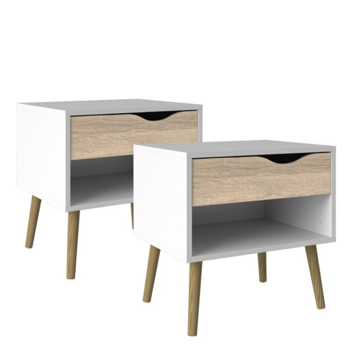 Bedside Table - VEGREVILLE 2 Piece 1 Drawer Nightstand White and Oak 50.2cm