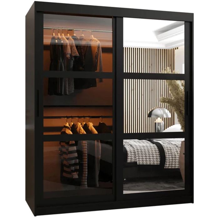 Sliding Wardrobe - SMOKY 2 Door Mirrored Wardrobe Black 150cm
