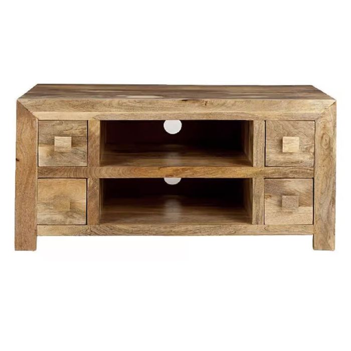 Delta Light Mango Wood 110cm TV Unit with 4 Drawers and Open Shelf - Light Wood Tone