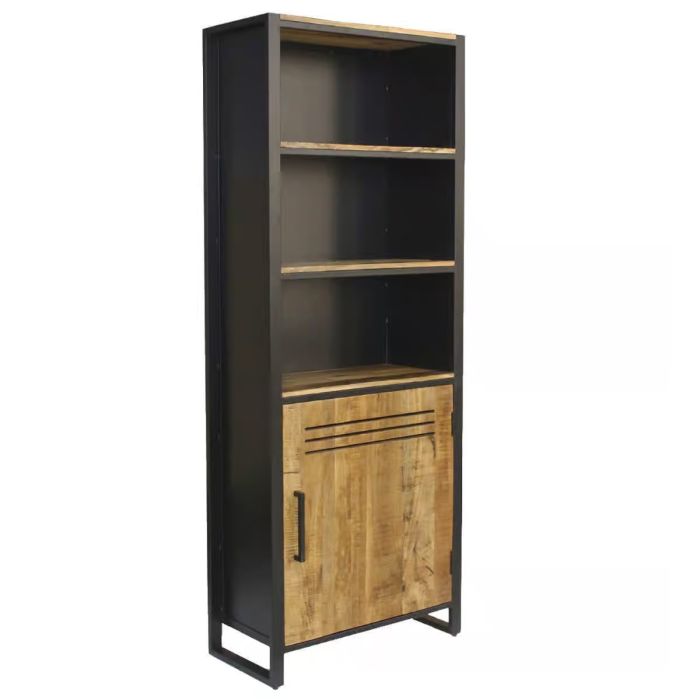 Industrial Style Mango Wood Bookcase with Door and Shelves - Black and Brown
