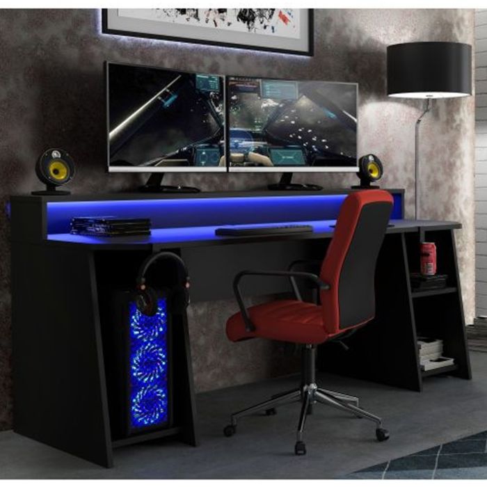 Modern Design Gaming Desk with Blue LED, Cup Holder - Matt Black