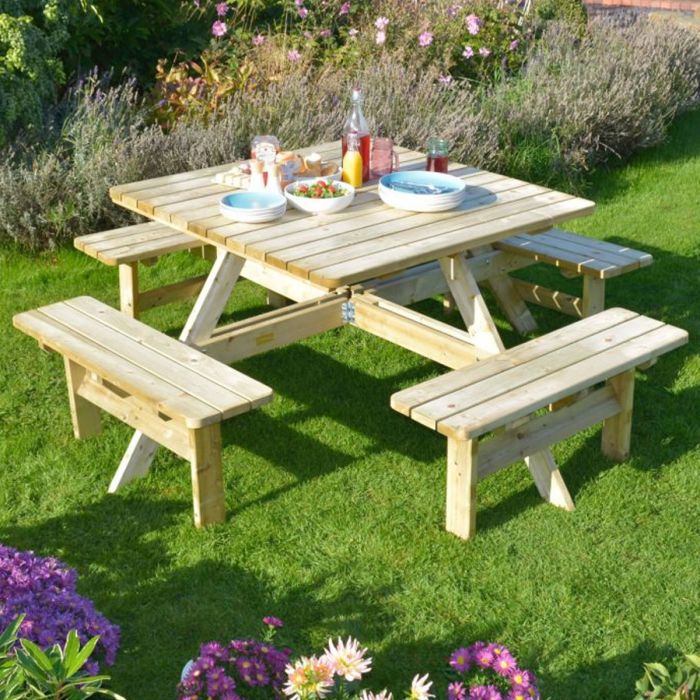 Sturdy Construction Square Picnic Table Seats Eight People