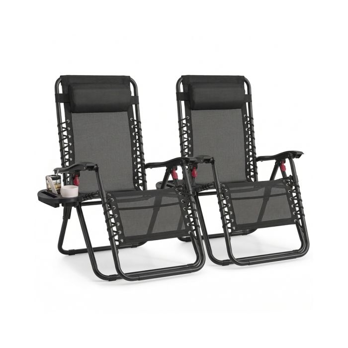 ELDFELL Set of 2 Folding Zero Gravity Reclining Chairs with Tray and Adjustable Headrest - Black