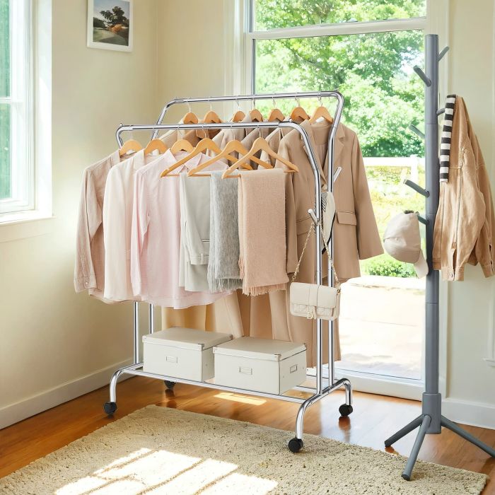 Clothes Rack - TARVA Double-Rod Heavy Duty with Wheels - Silver