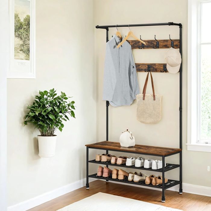 Hall Tree - TARVA Entryway Bench with Shoe Storage and Coat Rack - Black