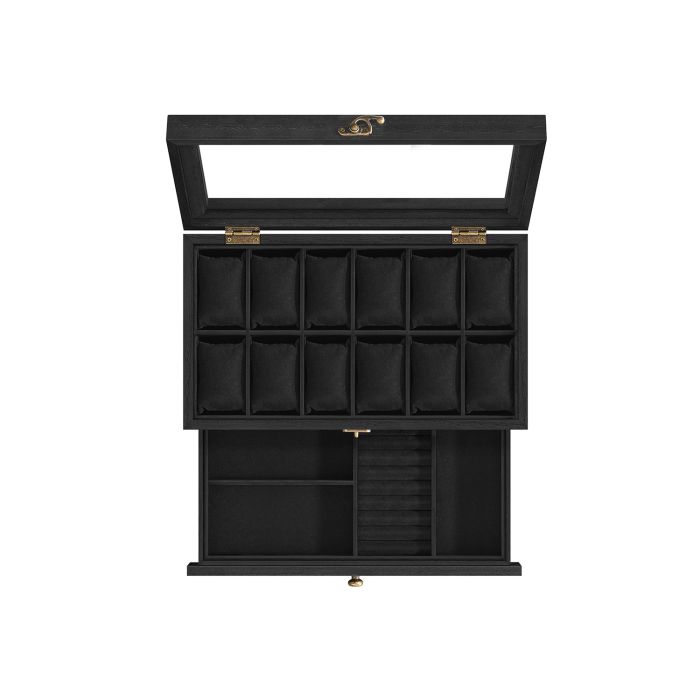 Watch Box - SERTA 2 Tier Wood Case with Glass Lid - Black
