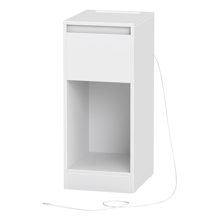 GLOVIN Bedside Table with Power Outlets and LED Light - White