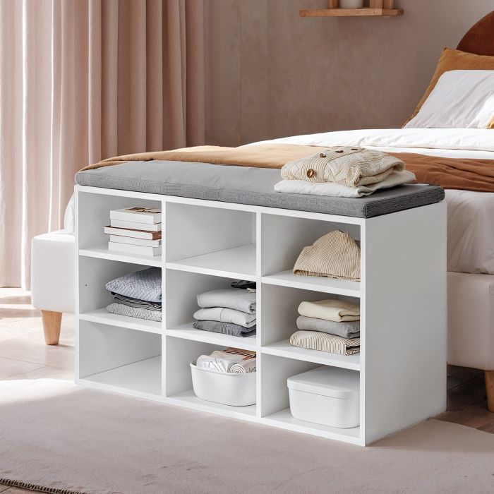 VERRA Shoe Bench - 9 Compartment Padded Seat Medium Sized Bench - White