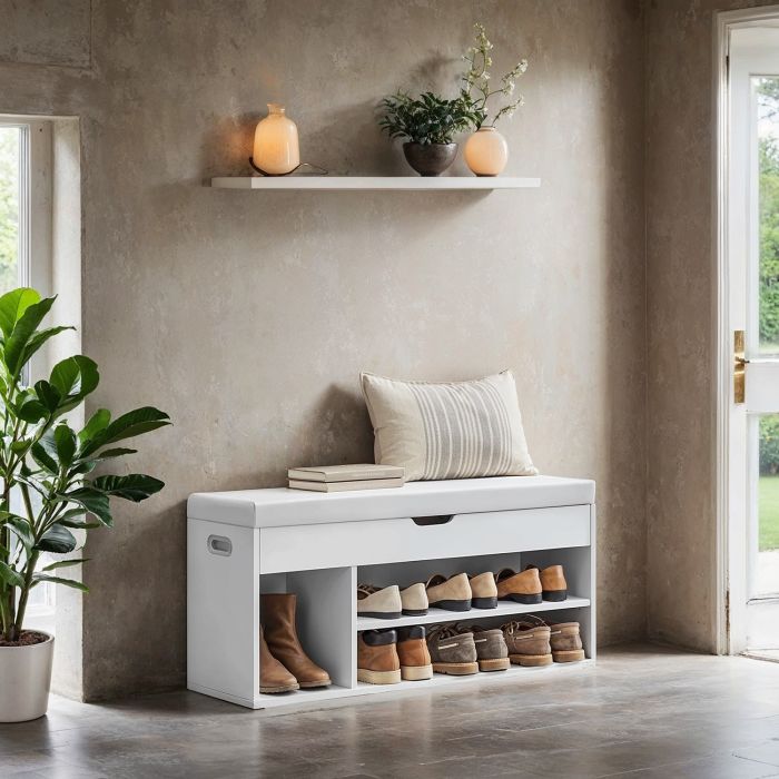 VERRA Shoe Bench - 3 Compartment Lid Storage Cushion Medium Sized Bench - White