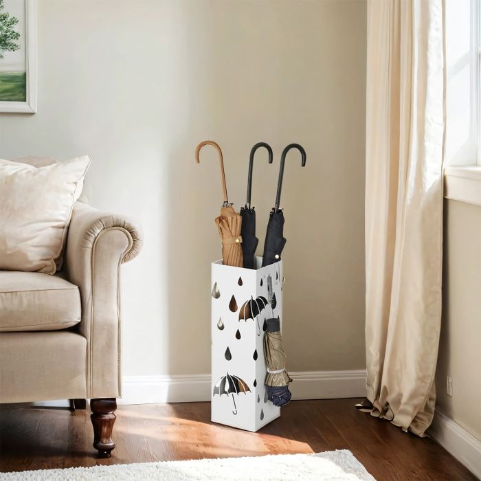Umbrella Holder - VERRA Metal Stand with Hooks and Drip Tray - White