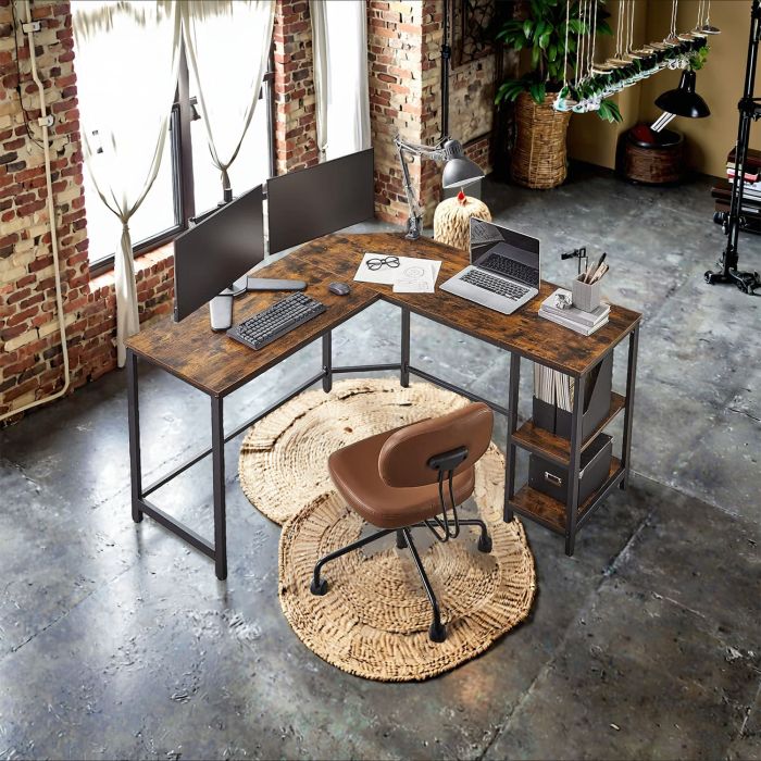 Computer Desk - VERRA L-Shaped Corner Desk with 2 Storage Shelves Space-Saving - Rustic Brown and Black