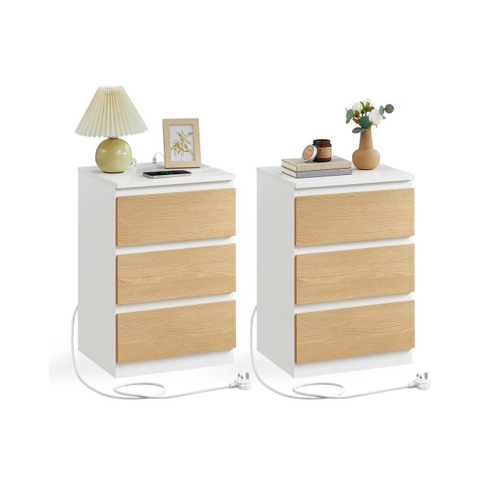 Bedside Tables - ZARZA Set of 2 with Charging Station - White Natural Oak