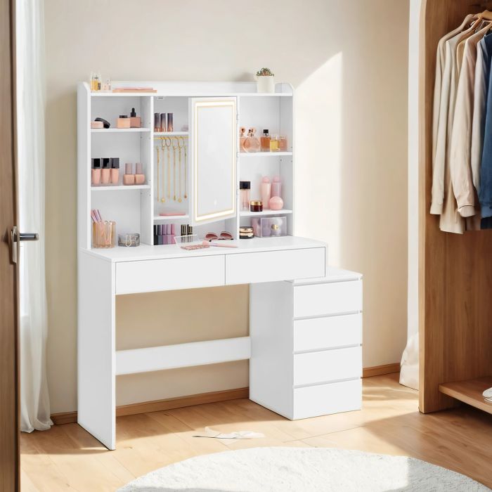 Makeup Desk - ZARNIA Modern Vanity with Mirror and LED Lights 118cm - White