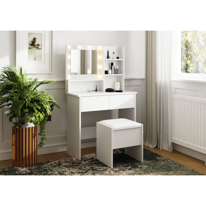 Dressing Table - MASTA LED Dresser with Stool and Mirror White 80cm