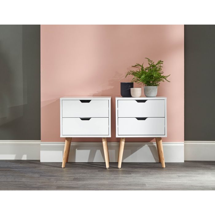 Bedside Table - NYBORG 2 Piece 2 Drawer Nightstand White 40cm