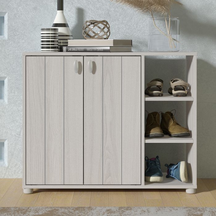 Shoes Cabinet - Siddley Shoe Cabinet with Two Doors and Open Shelves Warm Grey and Oak