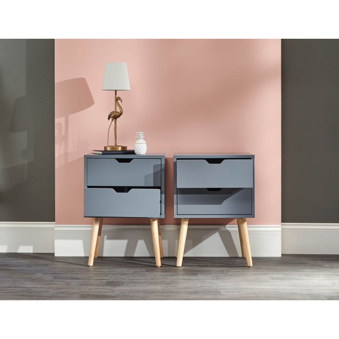 Bedside Table - NYBORG 2 Piece 2 Drawer Nightstand Dark Grey 40cm