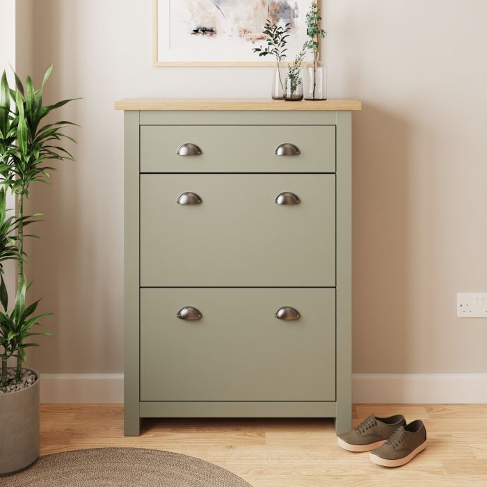 Shoes Cabinet - Antony 2 Door 1 Drawer Shoe Cabinet Sage Green and Bianco Oak