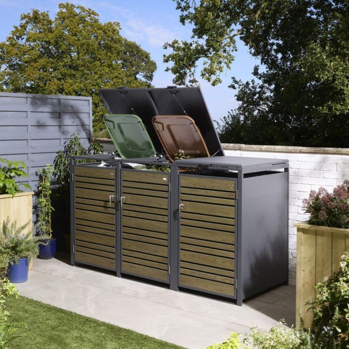 ELVARO Triple Steel Bin Store Lockable Outdoor Rubbish Storage - Oak