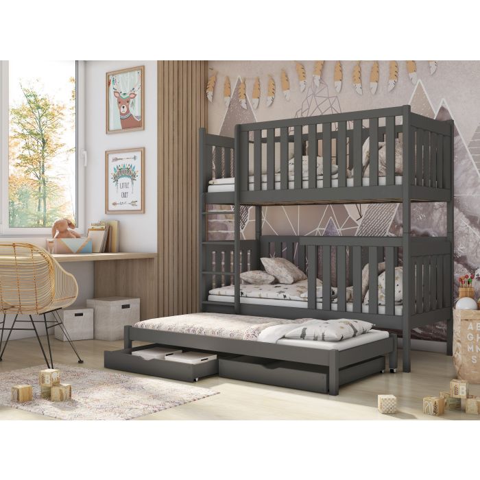 Persian Wooden 2 Drawer Storage Kids Bunk Bed with Trundle and Foam Mattress - Graphite