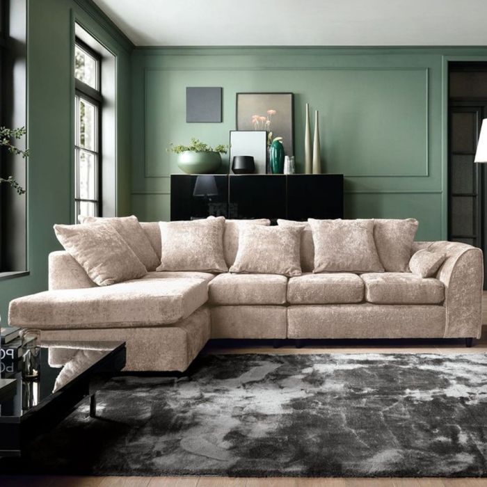 GILLIVER Crushed Chenille Fabric 5 Seater L Shaped - Left Hand Facing Corner Sofa - Cream