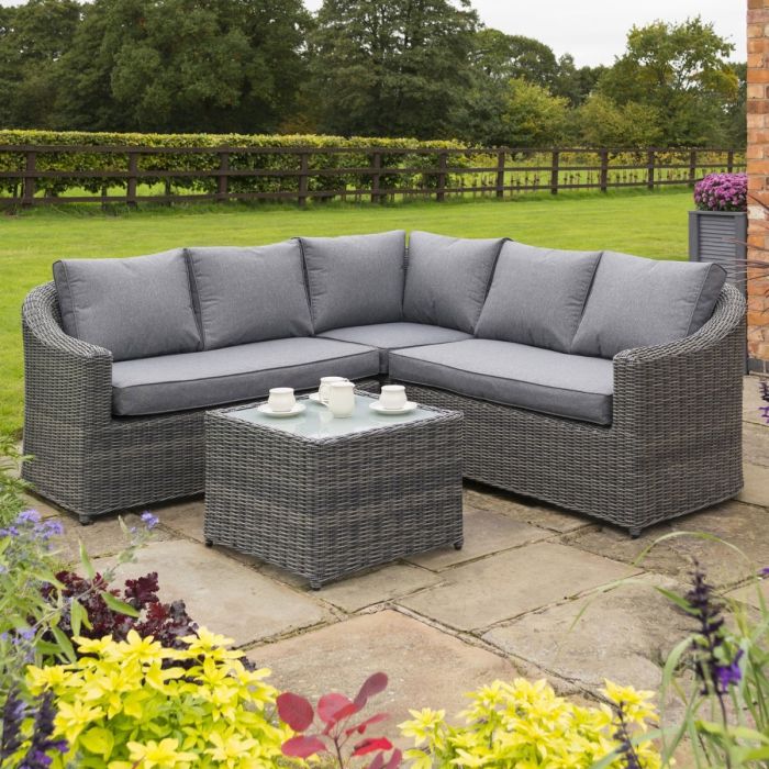 Weatherproof Rattan Effect Corner Set with Cushions and Frosted Glass Table - Grey Weave