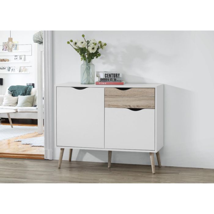 Ketchikan Small Sideboard Antique Elegance in White and Oak with Rubberwood Legs