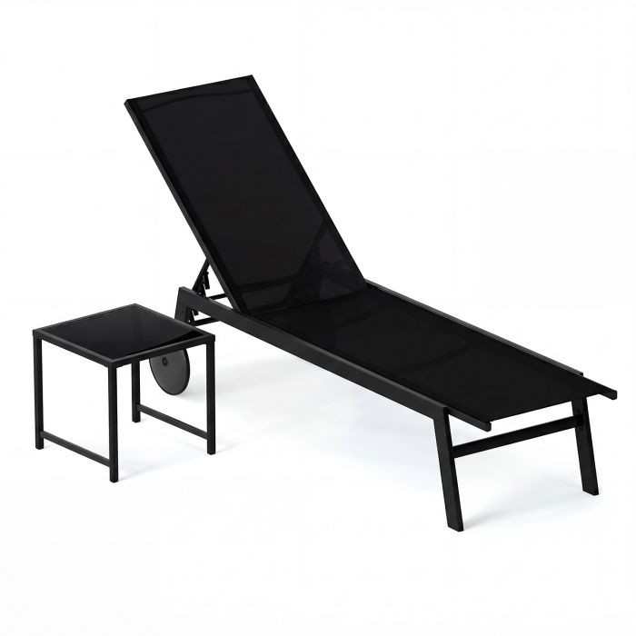ULOR 2-Piece Patio Chaise Lounge Set with Tempered Glass Table and Wheels-Black