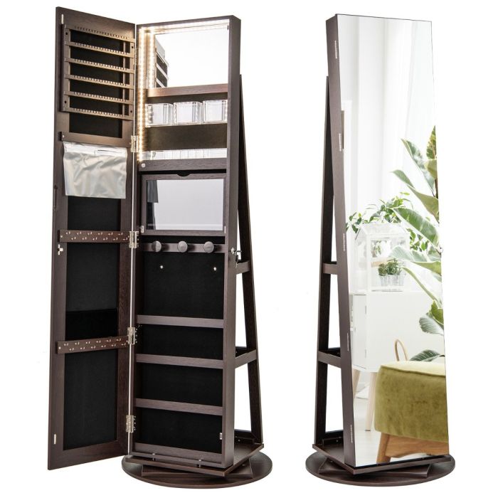 IVZEEL 360-Degree Mirrored Jewelry Armoire with 3-Color Auto-on LED Lights-Brown