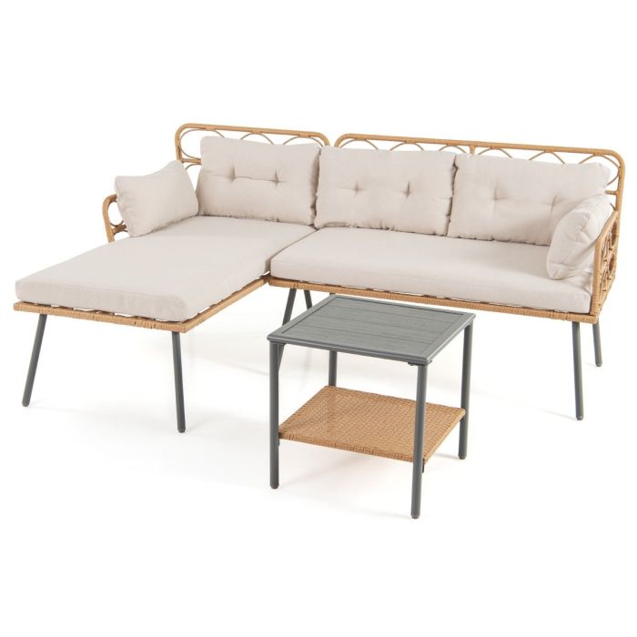 3 Pieces PE Rattan L-Shaped Corner Patio Furniture Sofa Set with Coffee Table-Beige