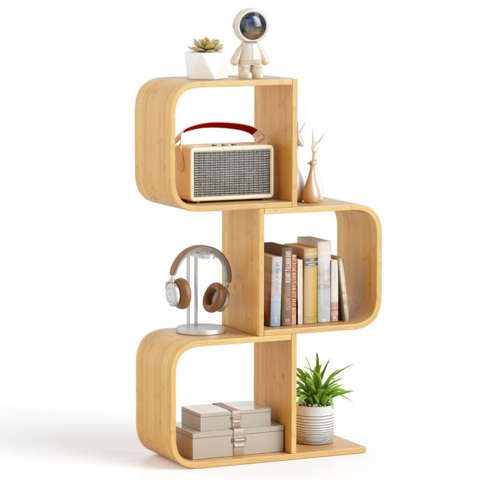 COLYIV S-Shaped Bookcase Bamboo Bookshelf with 2 Open Cubes-3-Tier