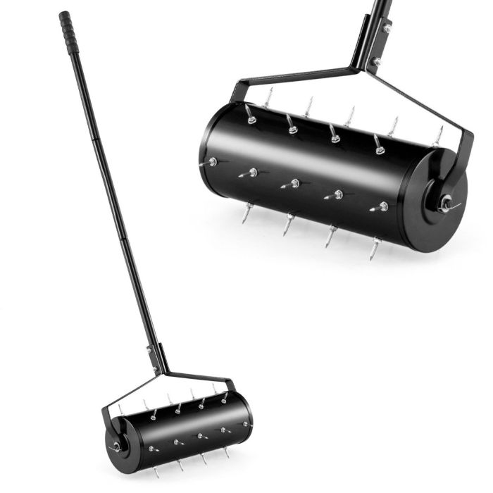 ULXO 45 cm Manual Rolling Lawn Aerator Tool with 130 cm Detachable Handle-Black