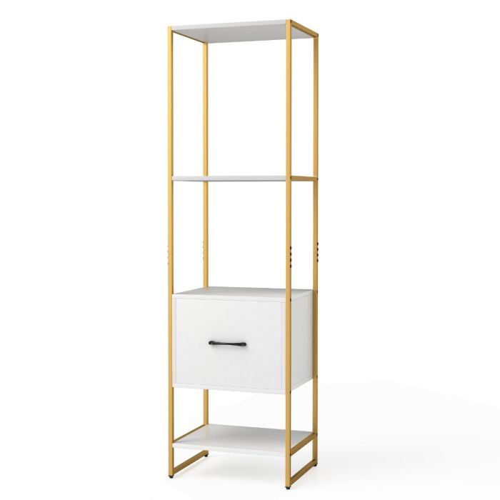 FIRICO 5-Tier Tall Narrow Bookcase Bookshelf with Drawer Shelves-White