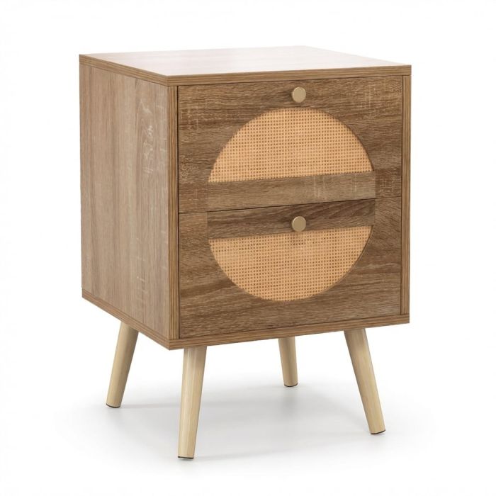Bohemian Style Rattan Bedside Table End Side Table with 2 Drawers-Oak